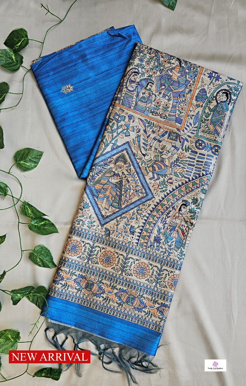 semi ghicha silk blue madhubani digital print saree for regular wear and casual function office for women with blouse piece and best price