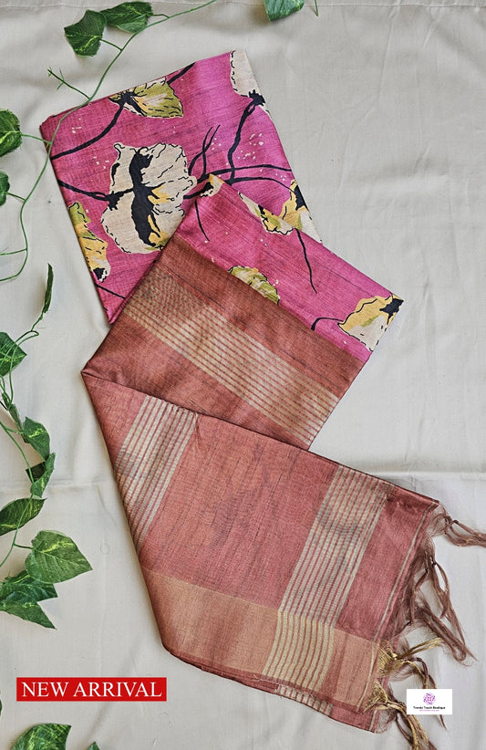 Pink semi tussar silk saree with floral digital print for regular wear and casual function office for women with blouse piece and best price