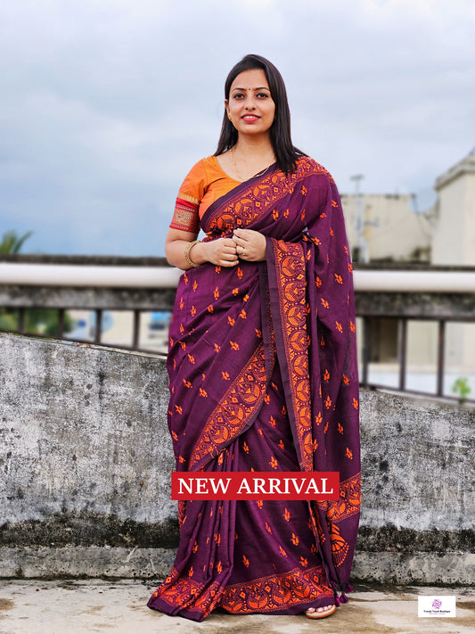 kantha handembroidered designer mulcotton sareeMmagenta purple orange office corporate events and family functions and ceremonies best summer fabric best price marriage wedding ceremonies functions saree