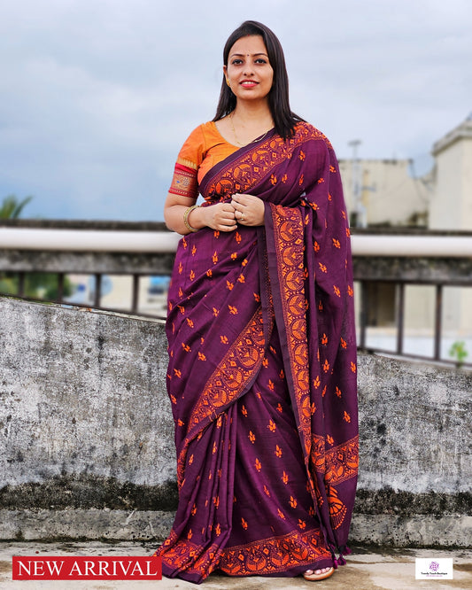 kantha handembroidered designer mulcotton saree magenta purple orange office corporate events and family functions and ceremonies best summer fabric best price marriage wedding ceremonies functions saree