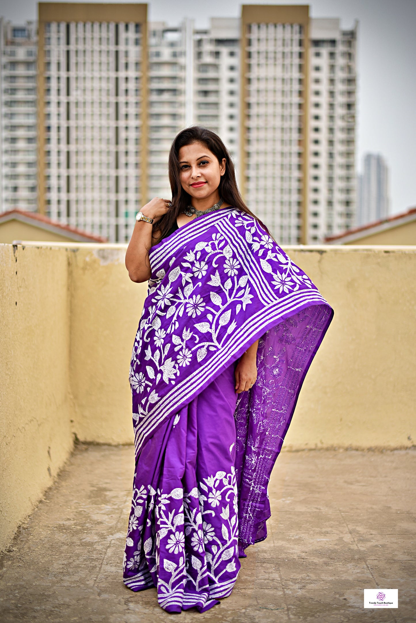 purple kantha hand embroidered designer silk saree purple and white thread fioral work for wedding functions and events best fabric best price