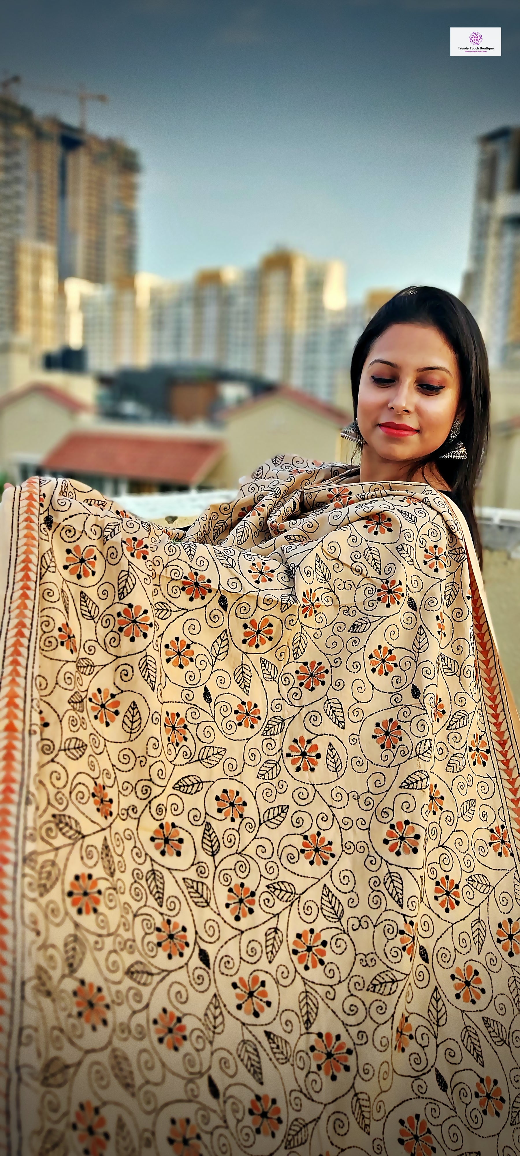 kantha handembroidered pure cotton designer statement dupatta for kurti styling in summer Holi sale best price beige orange black floral handcrafted