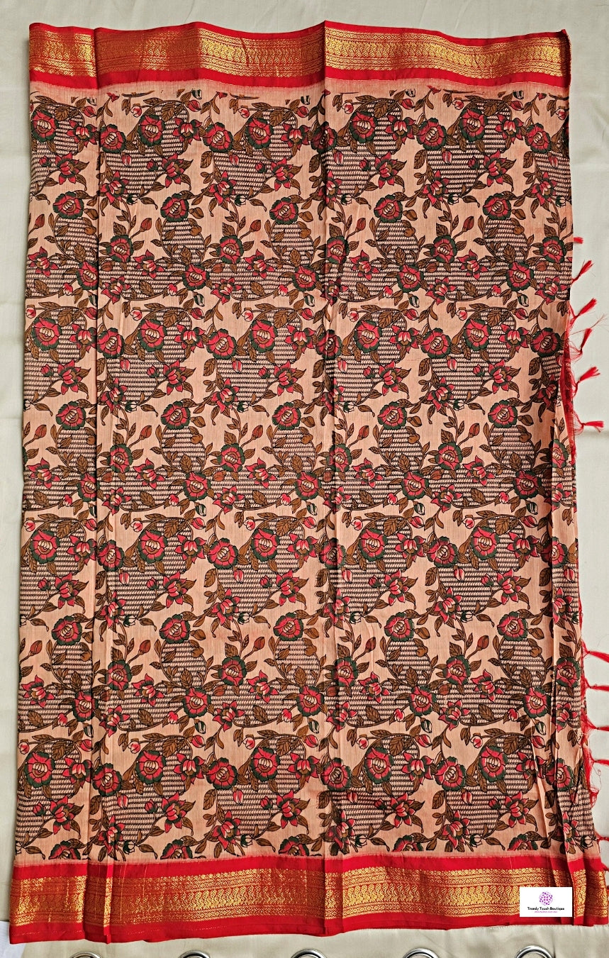 kalyani cotton gadwal kalamkari print  zari border red peach saree lightweight for office and special function with blouse piece best price