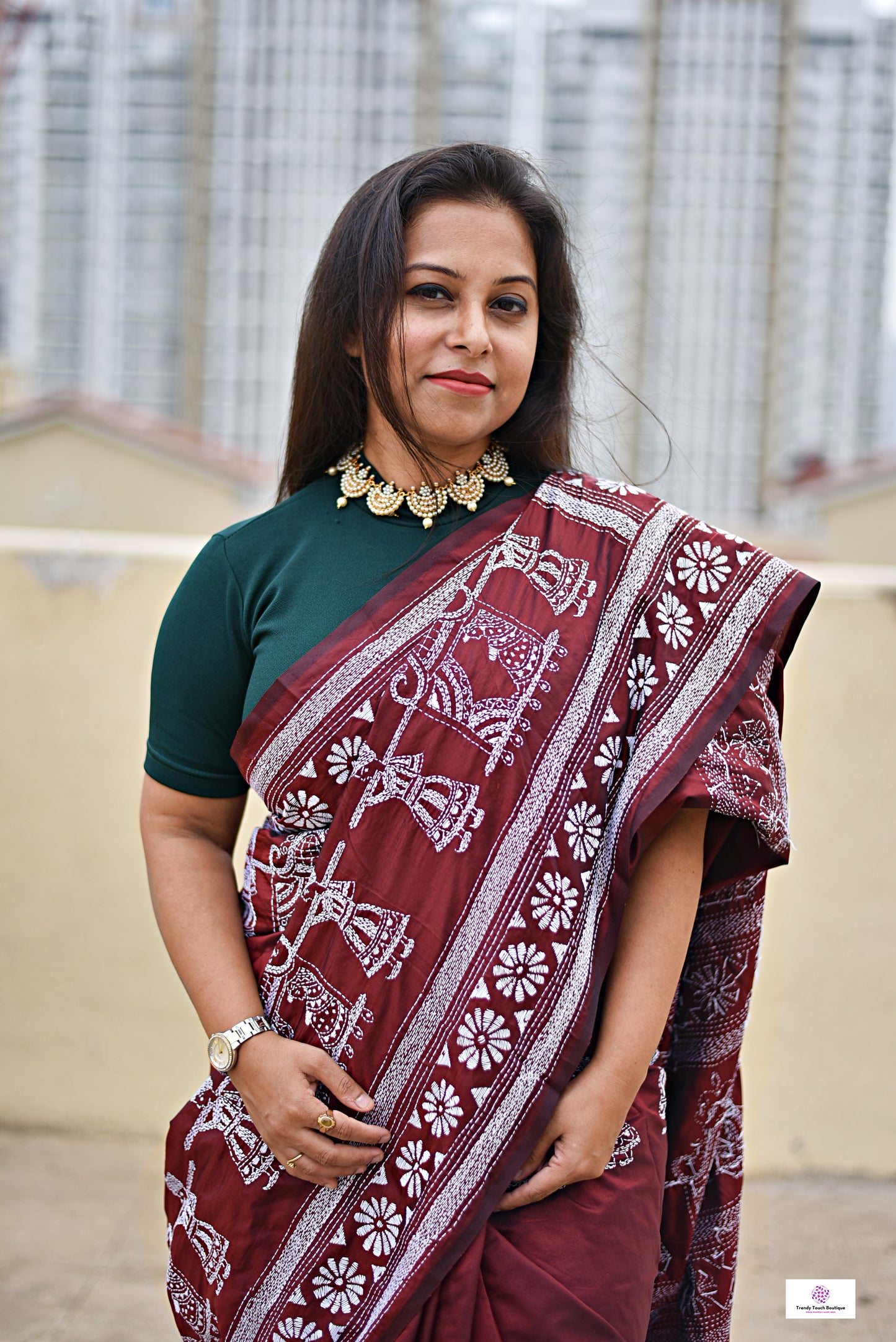 kantha handembroidered designer bangalore art silk chocolate brown with white thread palki motif marriage and wedding function special lightweight saree best fabric best price with blouse piece