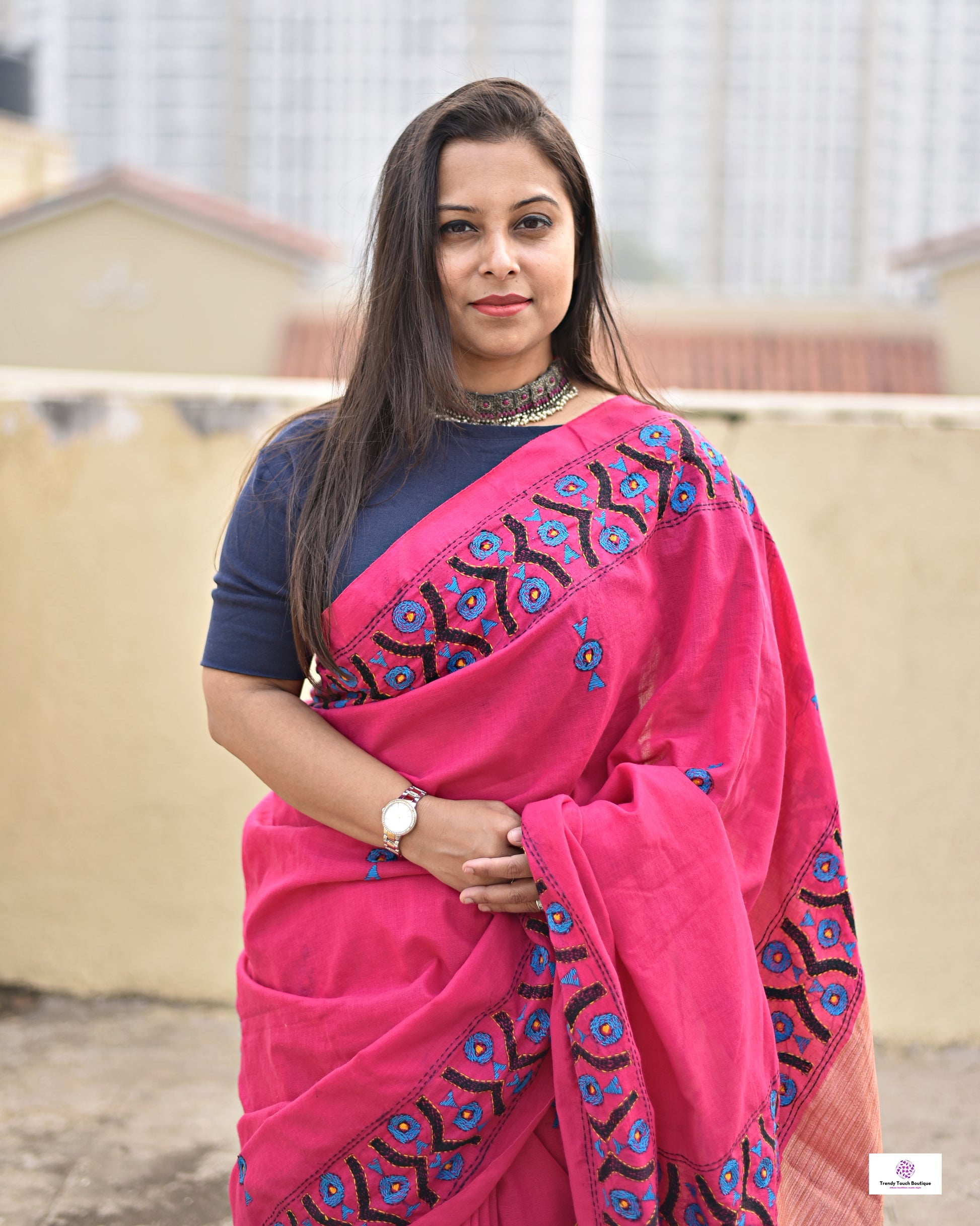 Kantha handembroidered designer cotton handloom saree pink with blue black thread office wear and casual outing special events with blouse piece best price