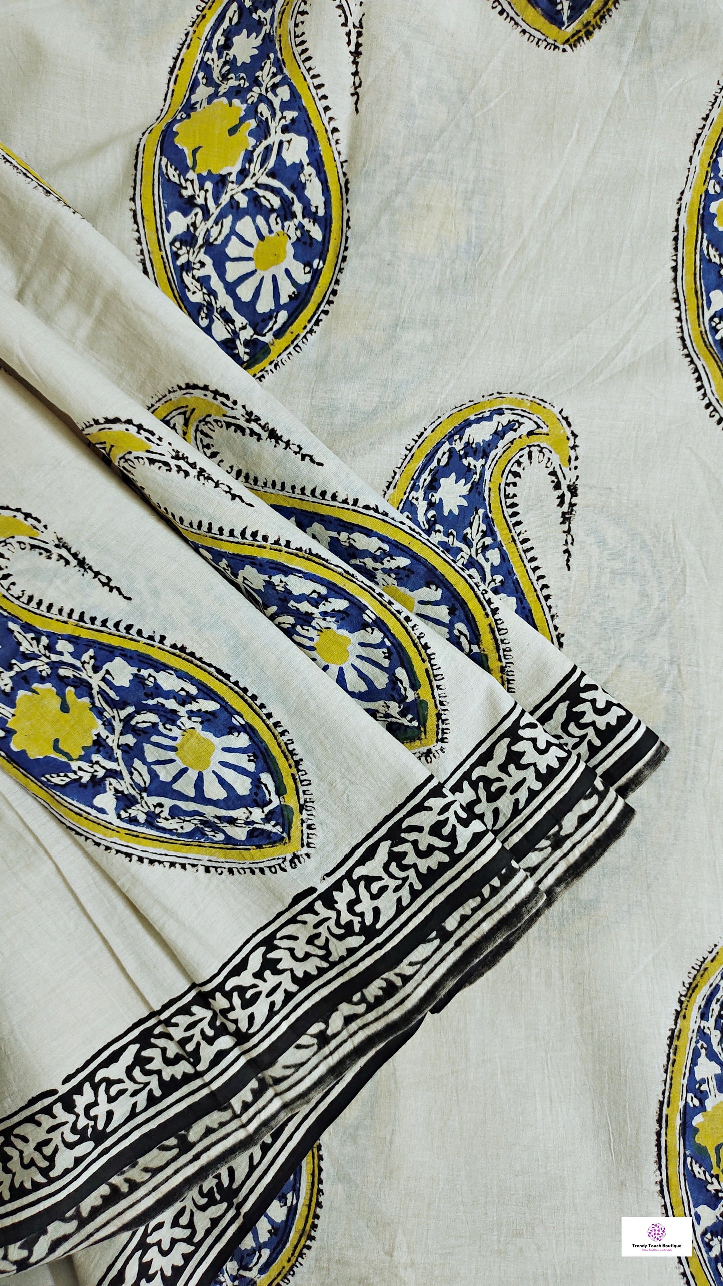 handblockprinted mulcotton in beige base with blue, yellow and black for office and casual styling summer best fabric saree with blouse piece and best price