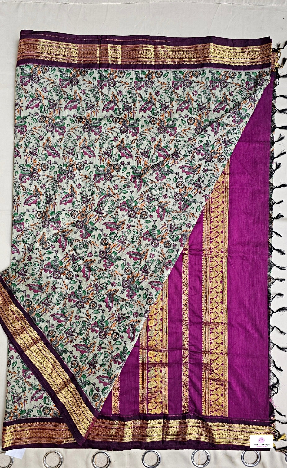 kalyani cotton gadwal kalamkari print pista green magenta saree with zari lata gadwal border is lightweight for office and special function with blouse piece best price