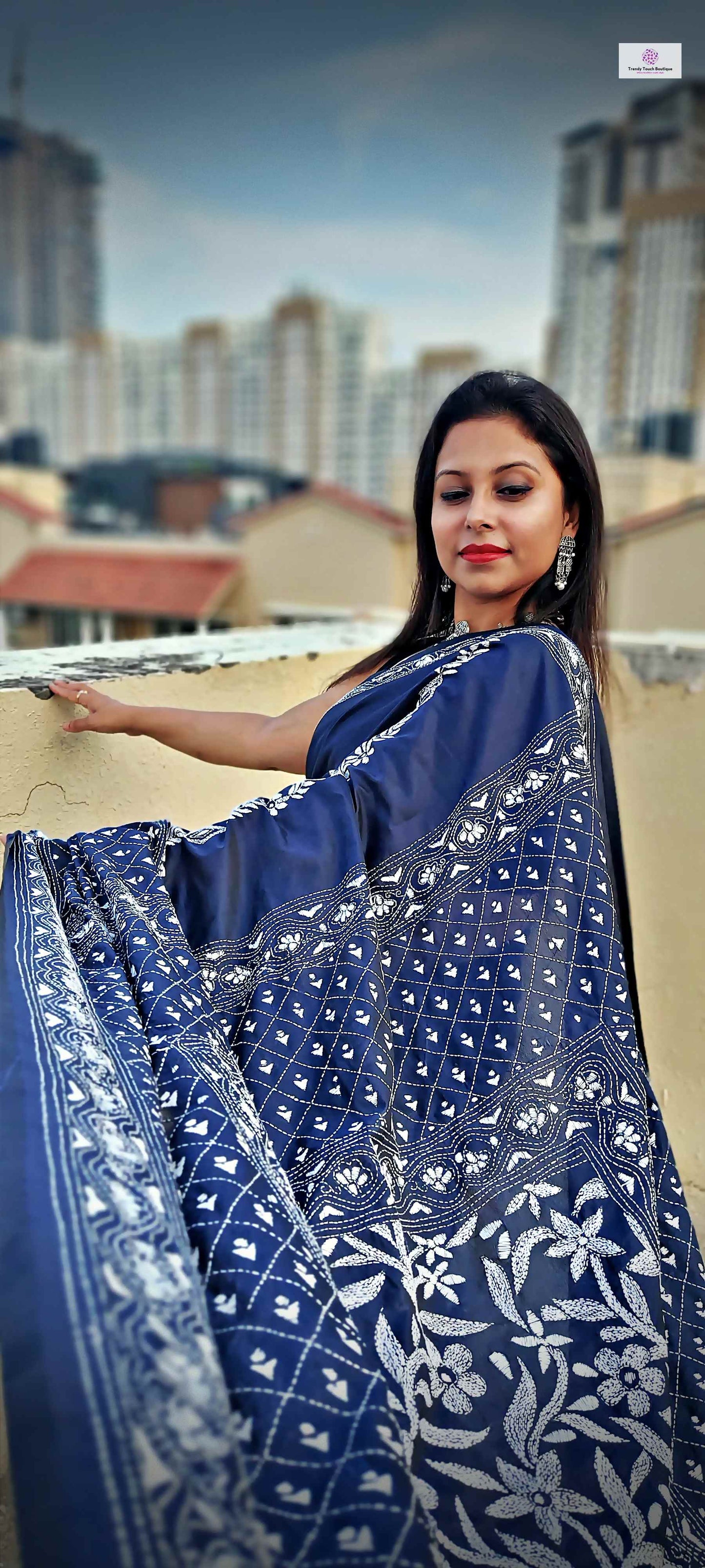 Kantha Stitch Work hand embroidered Midnight Blue Designer Soft Blended Bangalore Silk Saree best price new design festive fashion wedding party wear marriage function special occasion with blouse piece