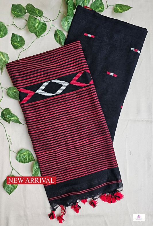 JAMINI - BENGAL COTTON HANDLOOM SAREE (BLACK & RED)