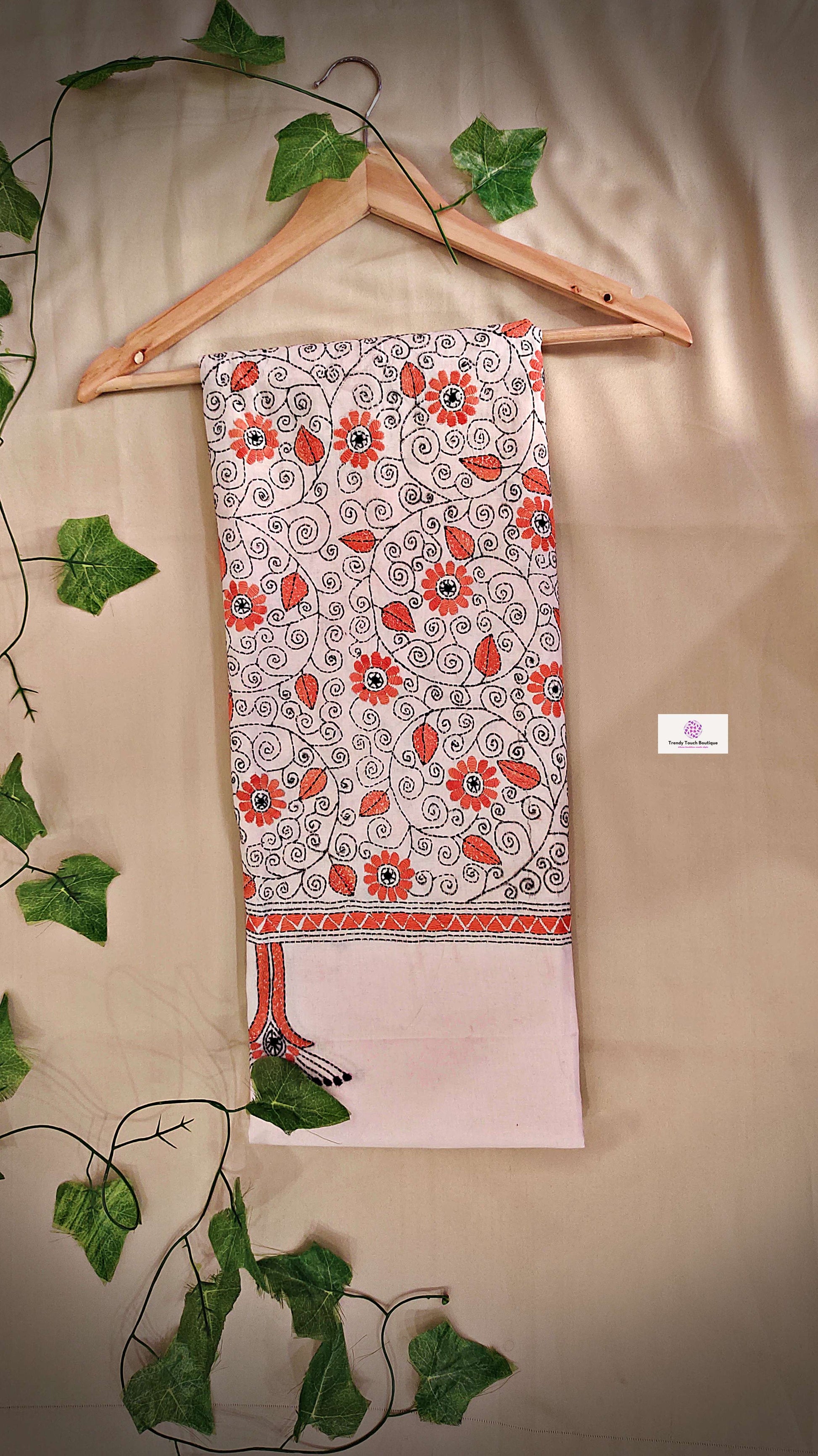 kantha handembroidered pure cotton designer statement dupatta for kurti styling in summer Holi sale best price white orange floral handcrafted