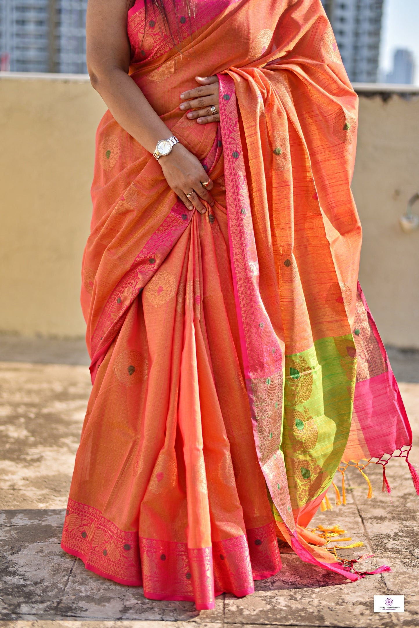 muga cotton banarasi saree in orange and green for wedding and bridal celebration and puja functions special ocassion with blouse piece and best price