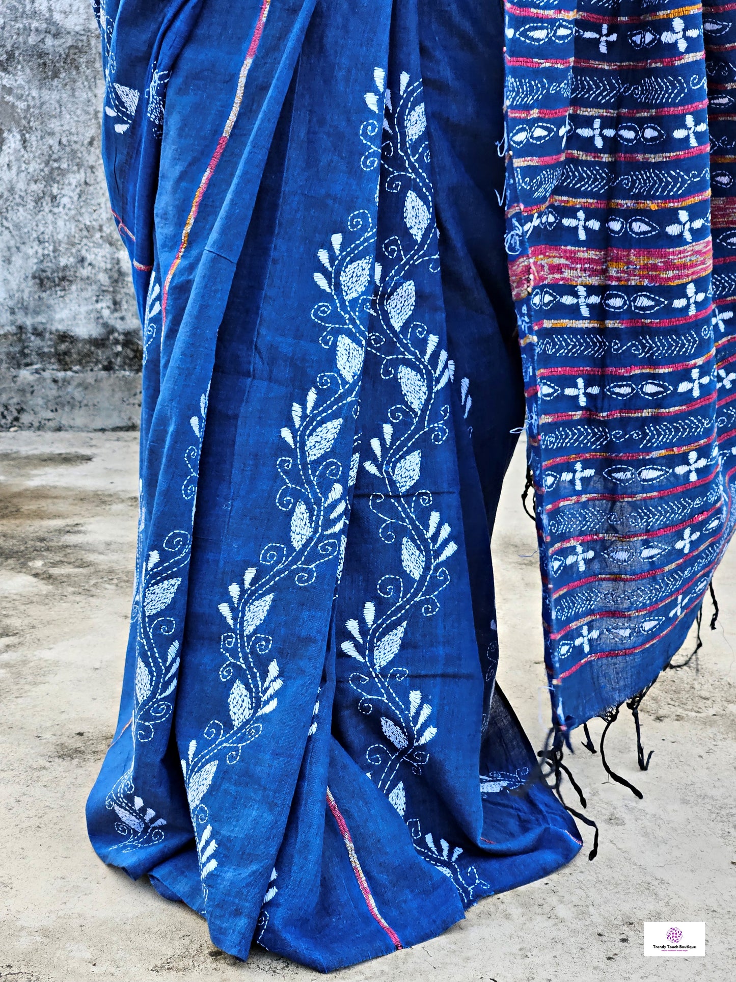 Kantha Handembroidered khesh handloom cotton saree in blue and white color best summer fabric best price with blouse piece office wear and summer casual styling