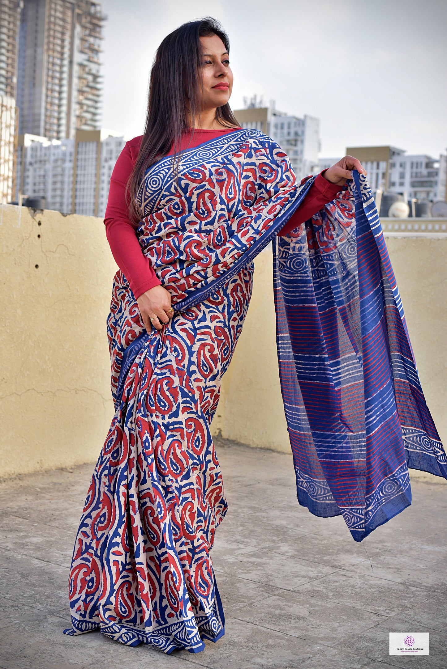 handblock print best summer fabric mulcotton saree office wear and lightweight summer sarees best price red and blue for teachers and corporate women