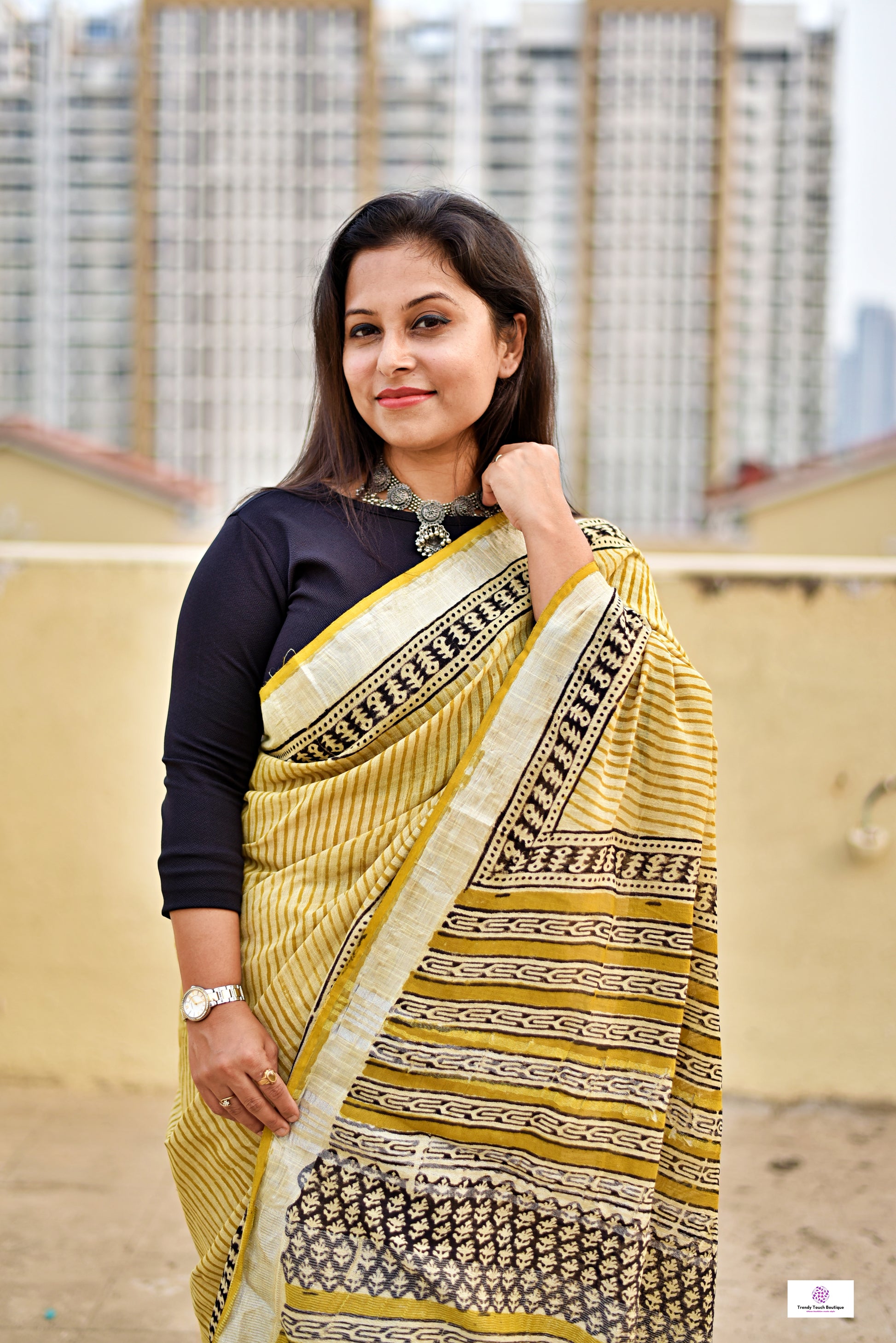 yellow black stripe handblockprint natural dye linen cotton saree best summer fabric best price with blouse piece