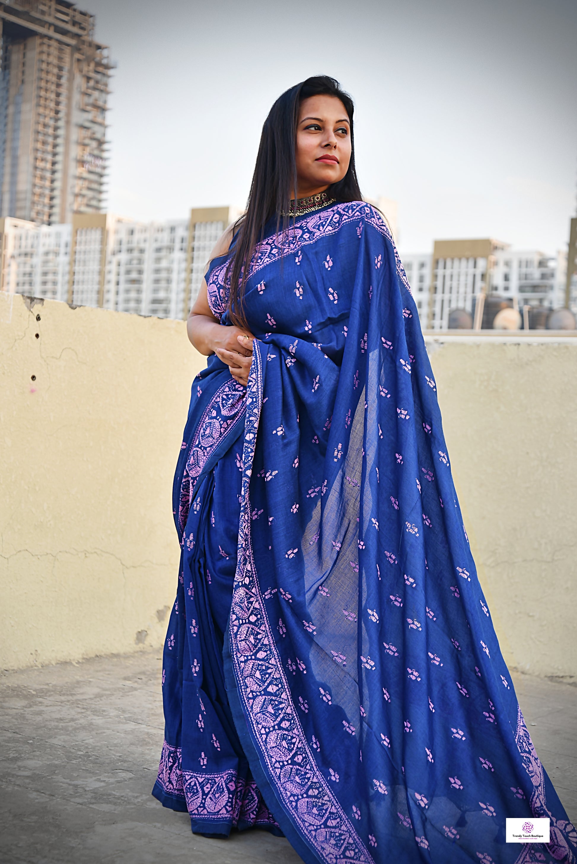 kantha handembroidered designer mulcotton saree blue pink office corporate events and family functions and ceremonies best summer fabric best price