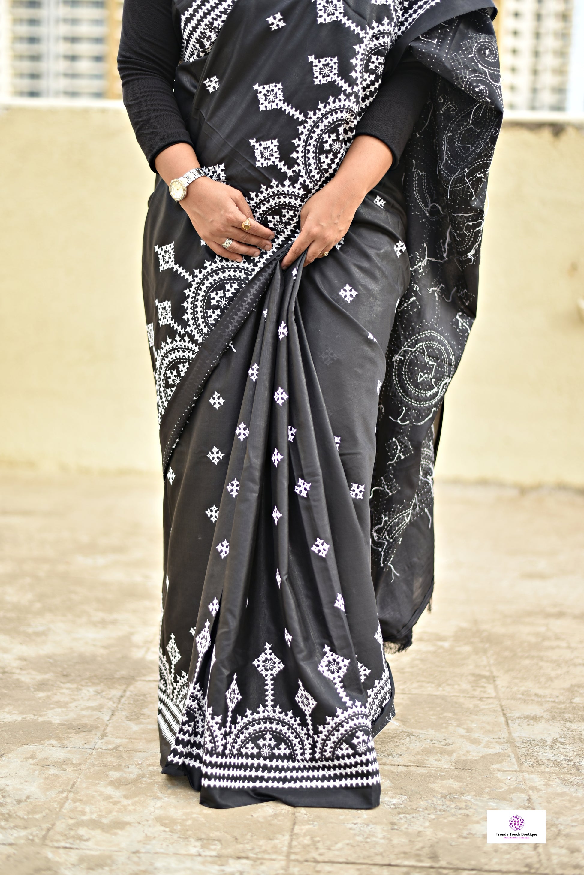 black white kutch handembroidered designer blended bangalore silk saree for wedding and special occasion office events with blouse piece and best price