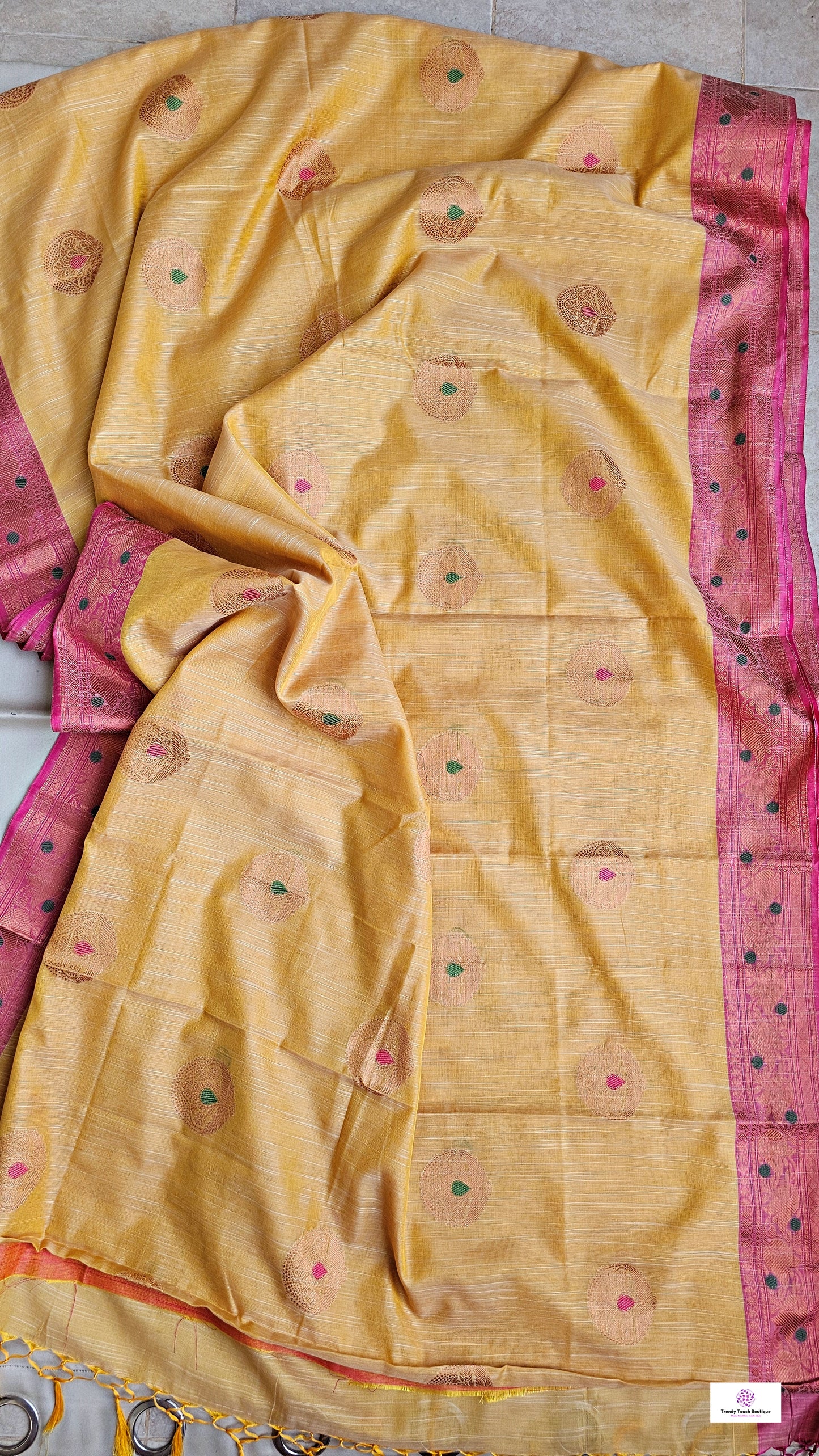 Muga cotton banarasi soft and lightweight puja and special ocassion casual wear saree yellow and pink with blouse piece best price