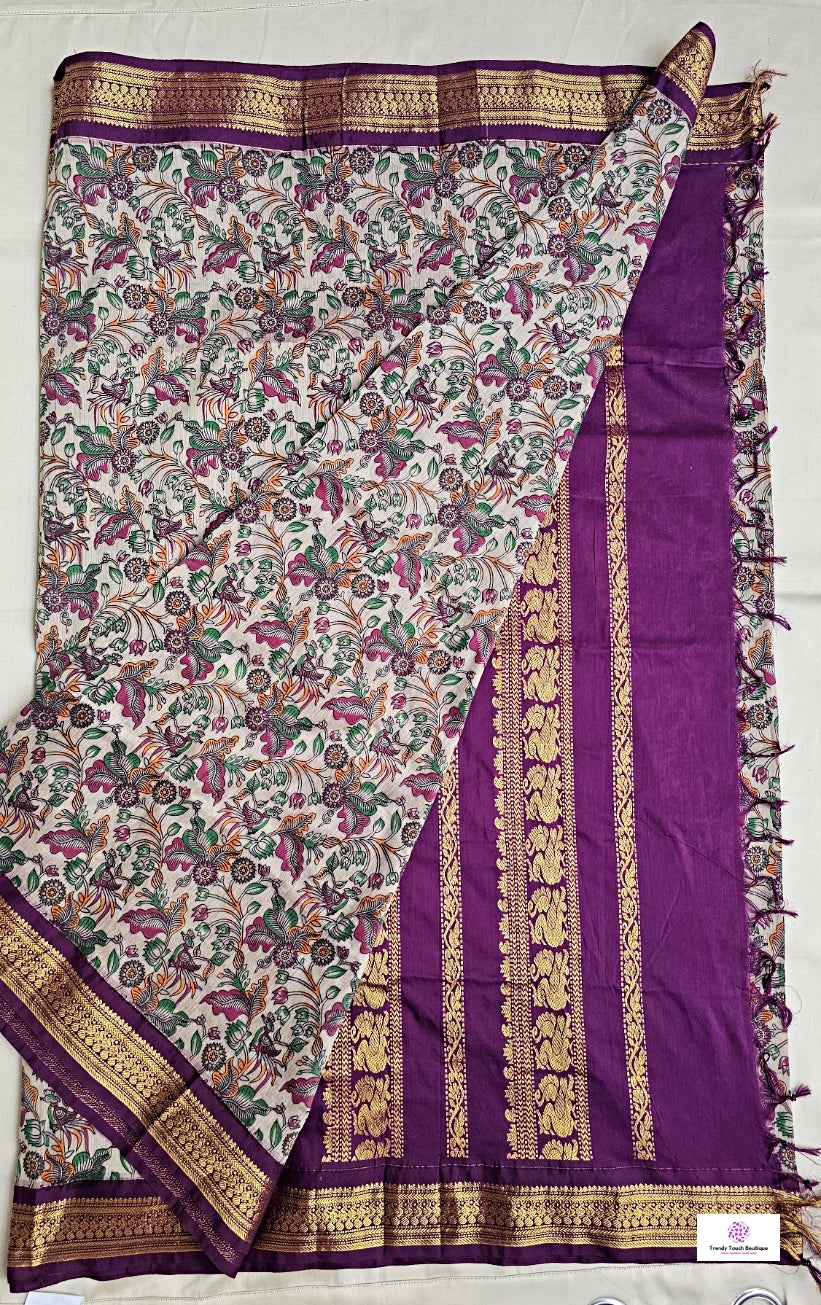 kalyani cotton gadwal kalamkari print grey magenta saree lightweight for office and special function with blouse piece best price