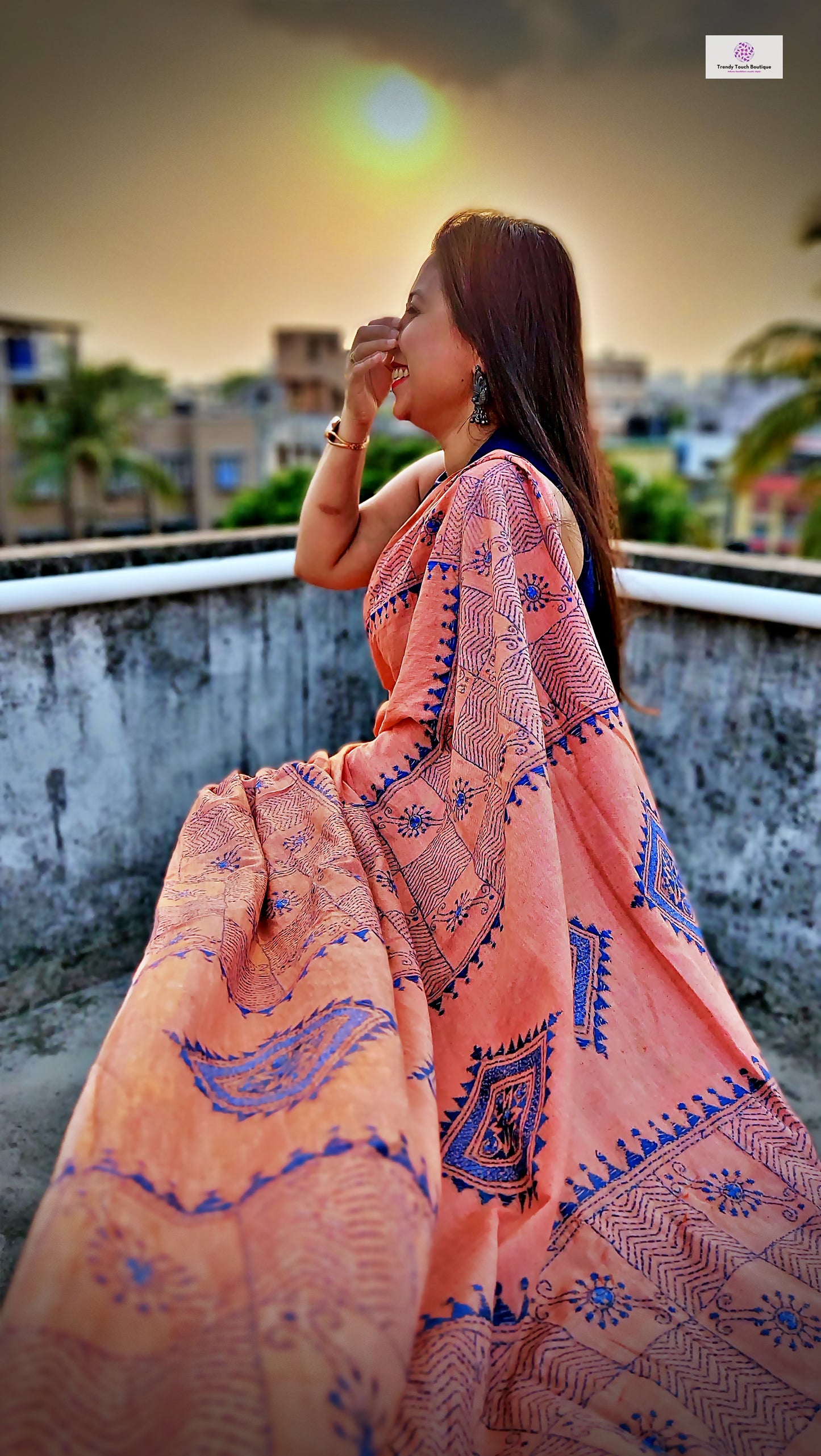 peach blue kantha stitch hand embroidered pure khadi handloom saree wedding season party wear marriage celebration affordable price with blouse piece designer saree office formal wear saree