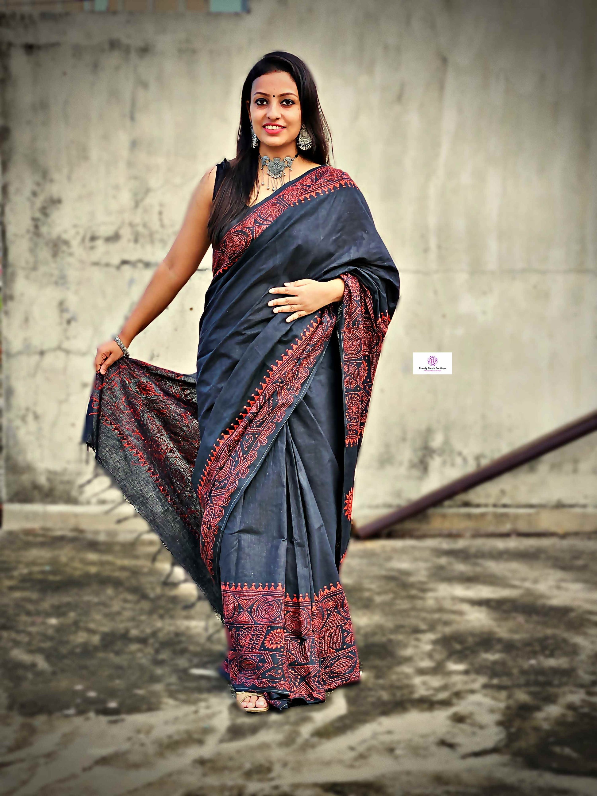 Khadi cotton handloom black saree with orange thread kantha hand embroidered best summer fabric for formal and casual styling marriage functions and family events with blouse piece best price