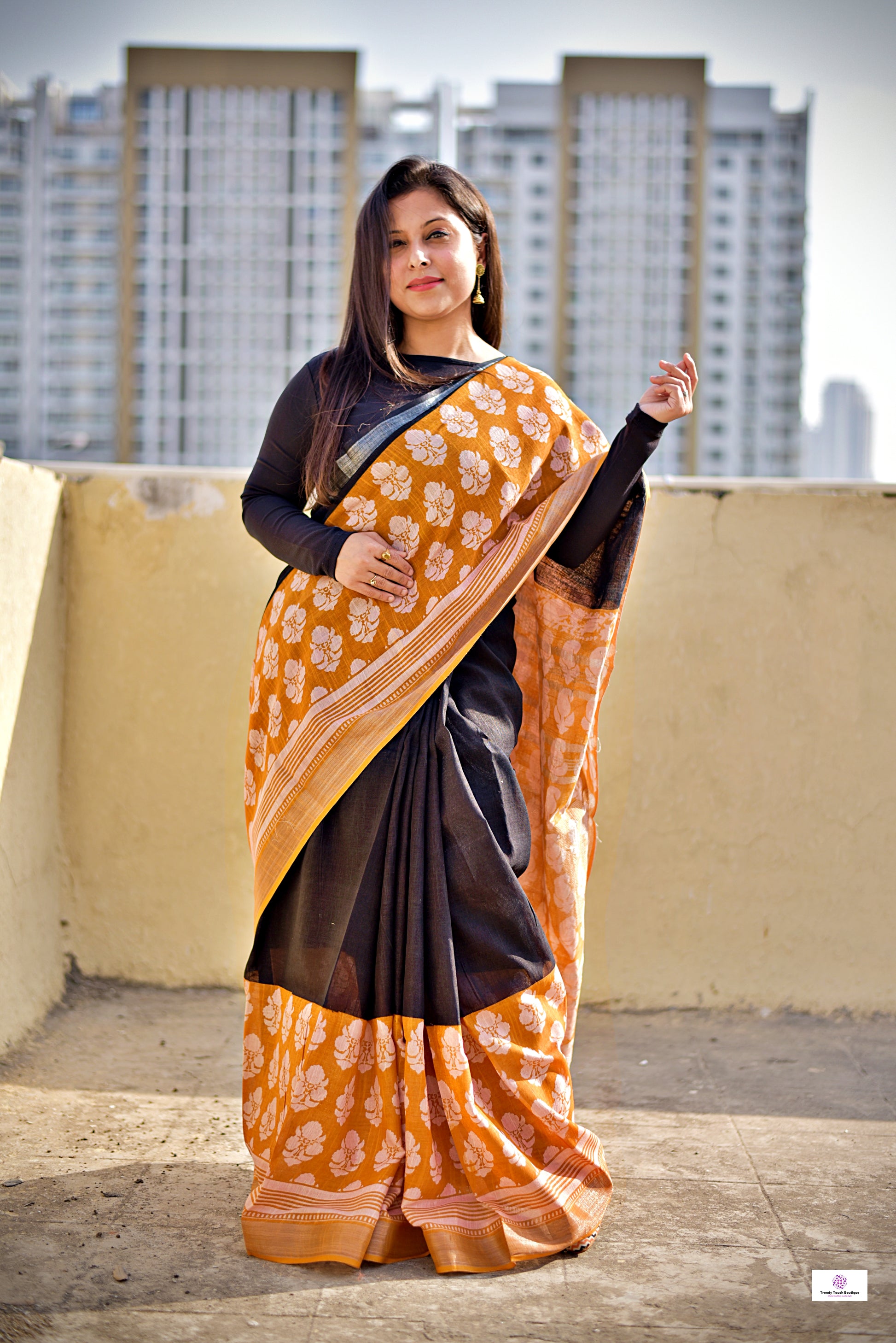 Orange Black Handblock print linen saree organic dye best summer fabric best price casual and formal saree 