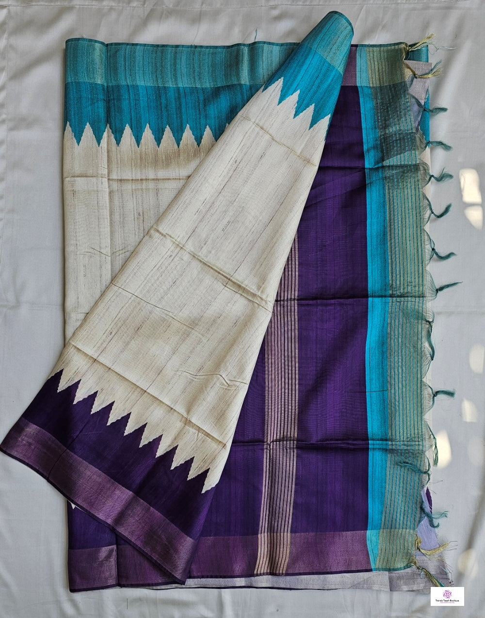 TRINA - GANGA-JAMUNA BORDER - SEMI GHICHA SILK (TEAL GREEN & PURPLE)