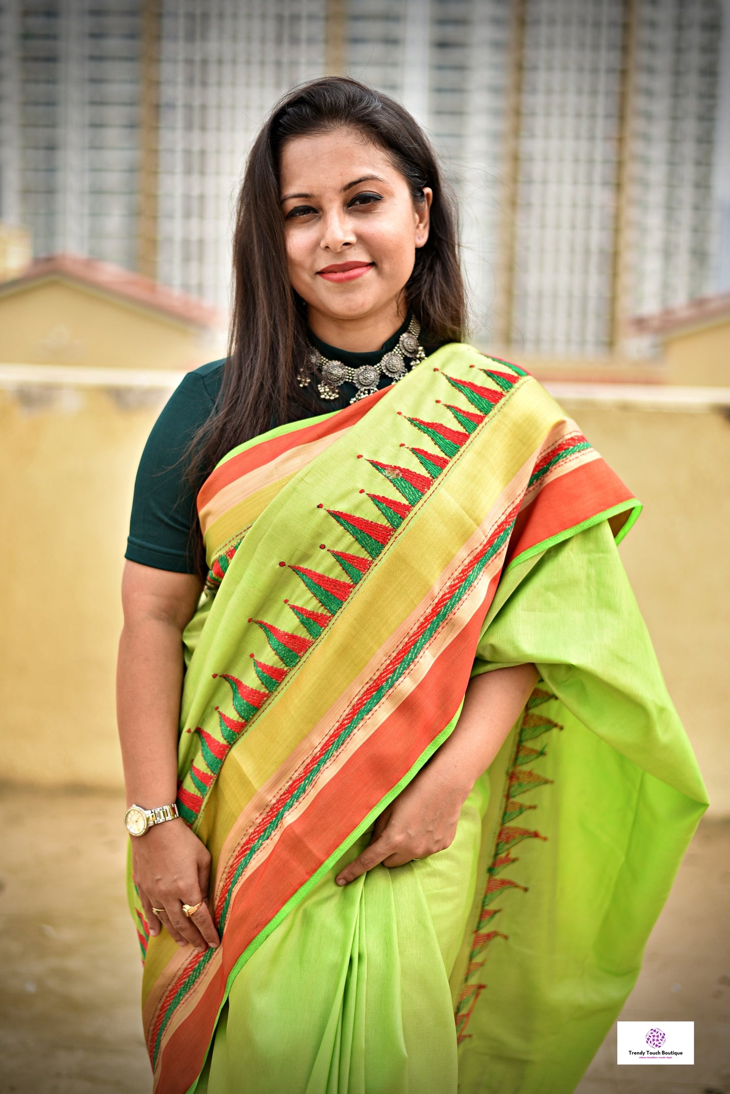 kantha handembroidered temple border on green red and golden bordered parrot green kataan silk saree best for summer wedding celebrations and speical functions with blouse piece best price