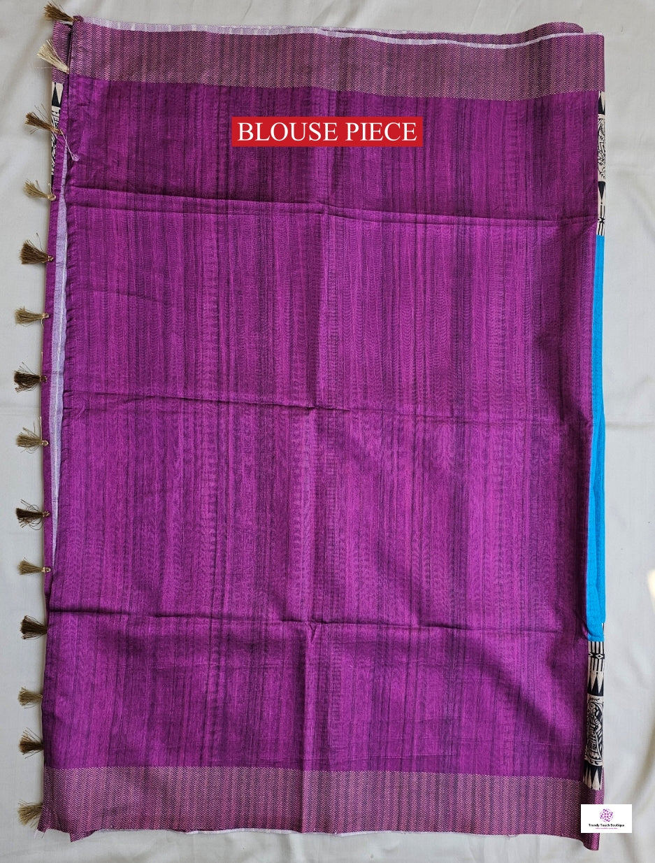 NEELI - MADHUBANI & BISHNUPURI PRINT - SEMI TUSSAR SILK SAREE (BLUE & PURPLE)