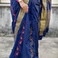 handembroidered designer cotton silk saree in blue for cocktail party, dinner, summer fashion sarees golden border