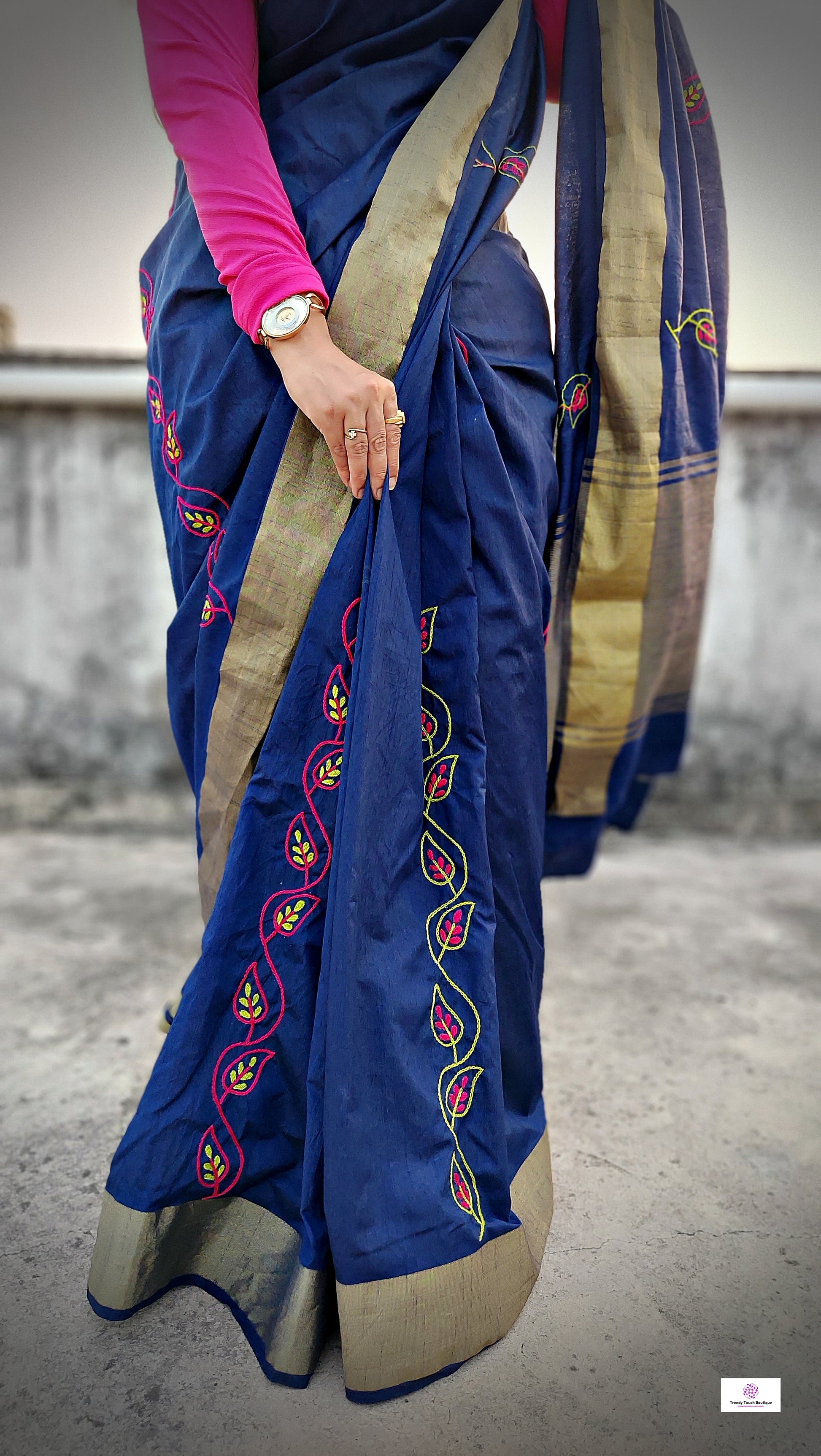 handembroidered designer cotton silk saree in blue for cocktail party, dinner, summer fashion sarees golden border