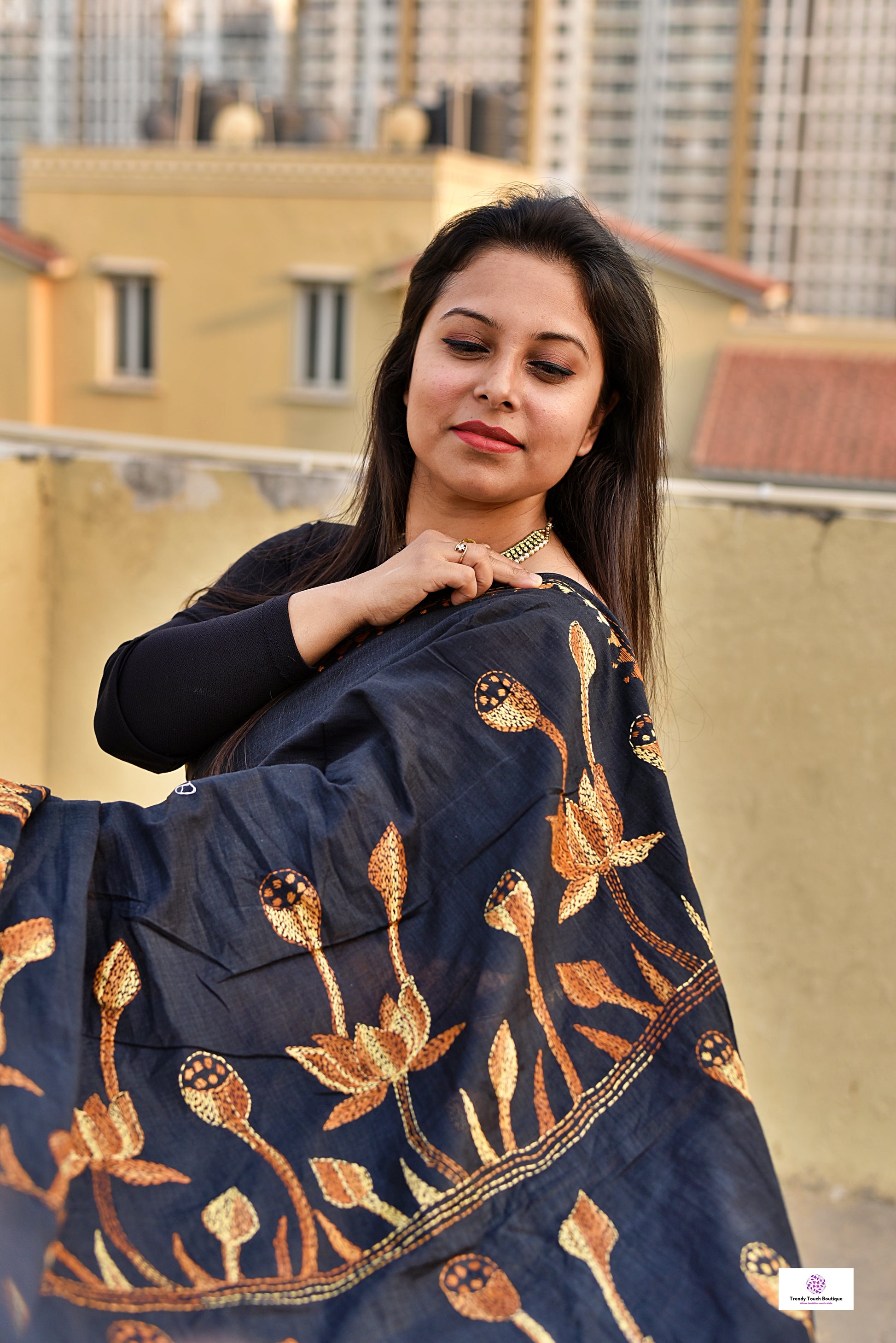 black khadi cotton handloom kantha handembroidered famous lotus design best summer fabric best price with blouse piece summer celebrations saree