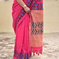 Kantha handembroidered designer cotton handloom saree pink with blue black thread office wear and casual outing special events with blouse piece best price