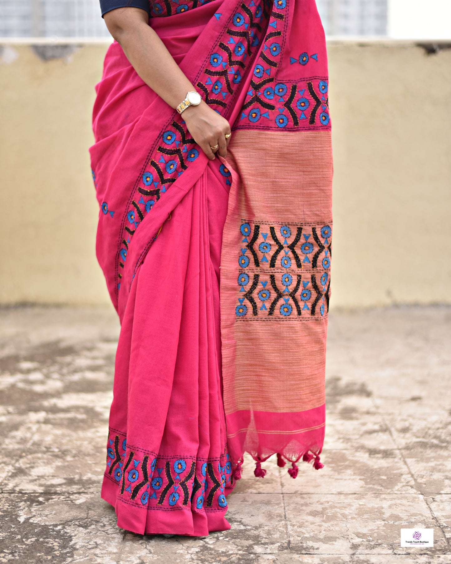 Kantha handembroidered designer cotton handloom saree pink with blue black thread office wear and casual outing special events with blouse piece best price