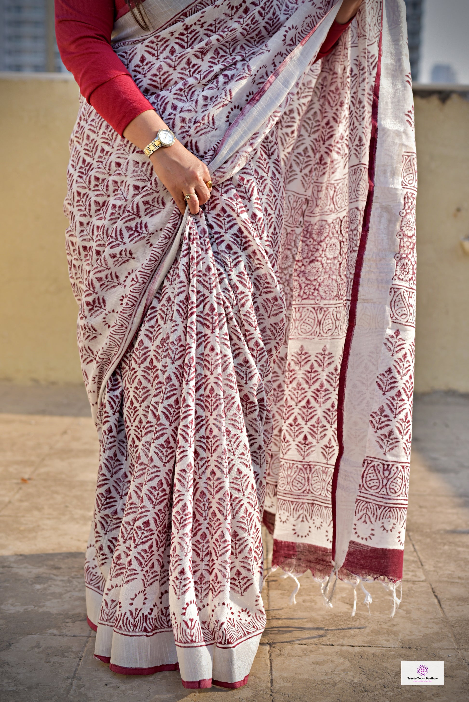 Maroon White Organic Linen Saree Handblock print in natural dye green soft best summer saree for office and casual outing best price with blouse piece