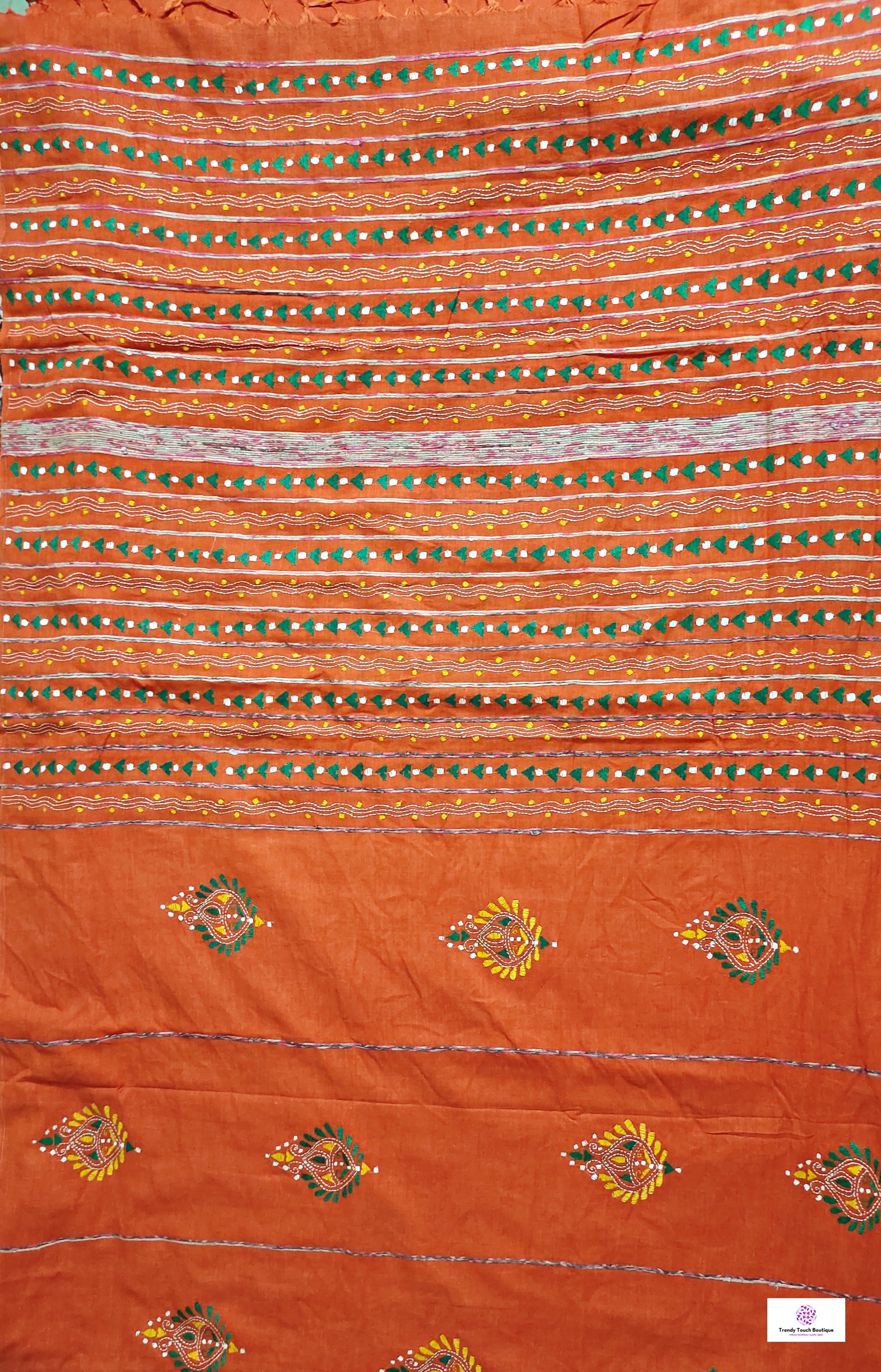 Orange green yellow white khesh khadi cotton handloom saree with hand embroidered kantha stitch summer celebration marriage function saree style with blouse piece
