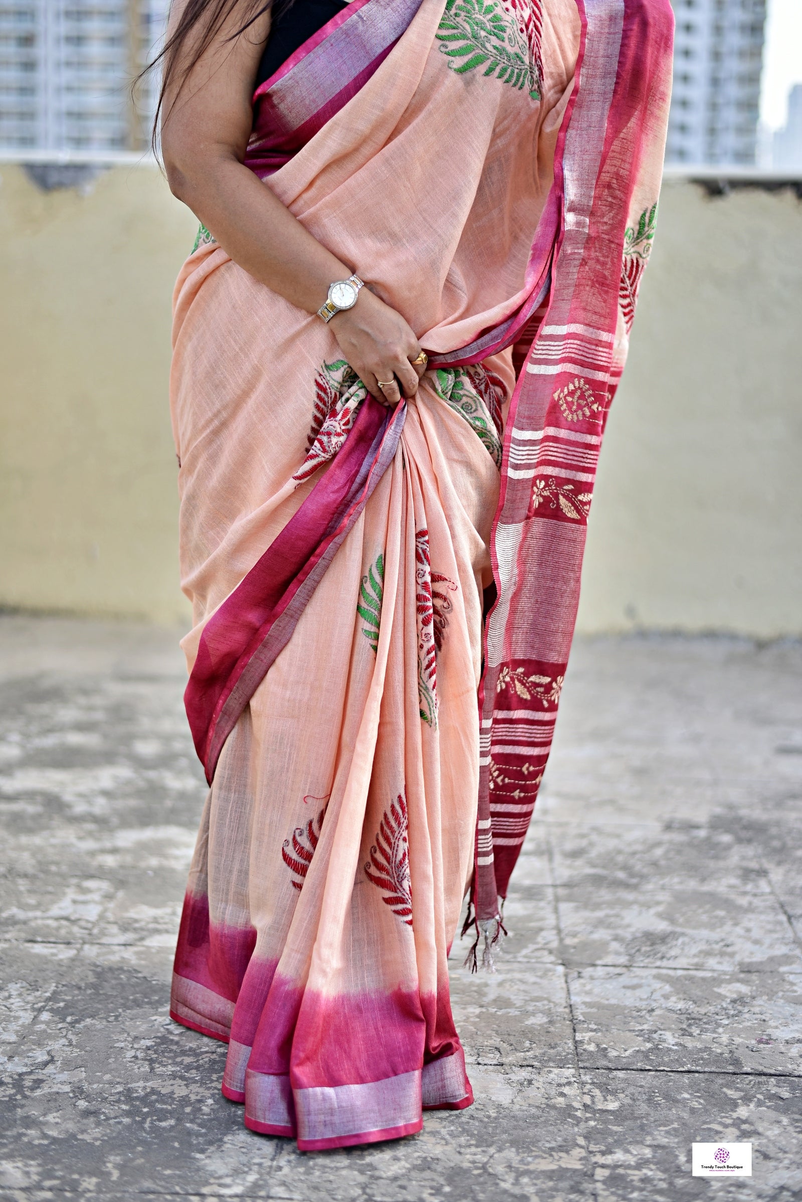 kantha handembroidery on a tie and dye maroon and chandan color linen with green and maroon thread. Best for office and casual styling with blouse piece and best price.