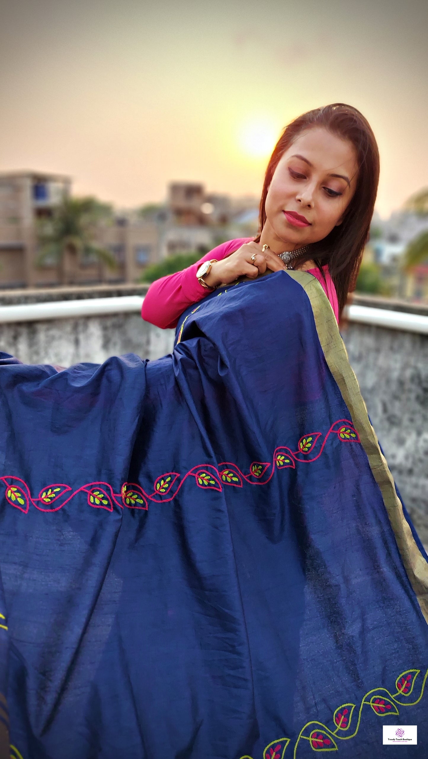 handembroidered designer cotton silk saree in blue for cocktail party, dinner, summer fashion sarees golden border