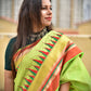 kantha handembroidered temple border on green red and golden bordered parrot green kataan silk saree best for summer wedding celebrations and speical functions with blouse piece best price