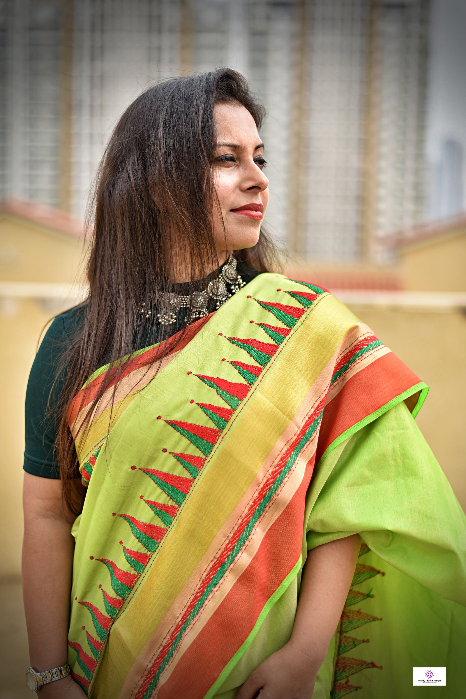 kantha handembroidered temple border on green red and golden bordered parrot green kataan silk saree best for summer wedding celebrations and speical functions with blouse piece best price