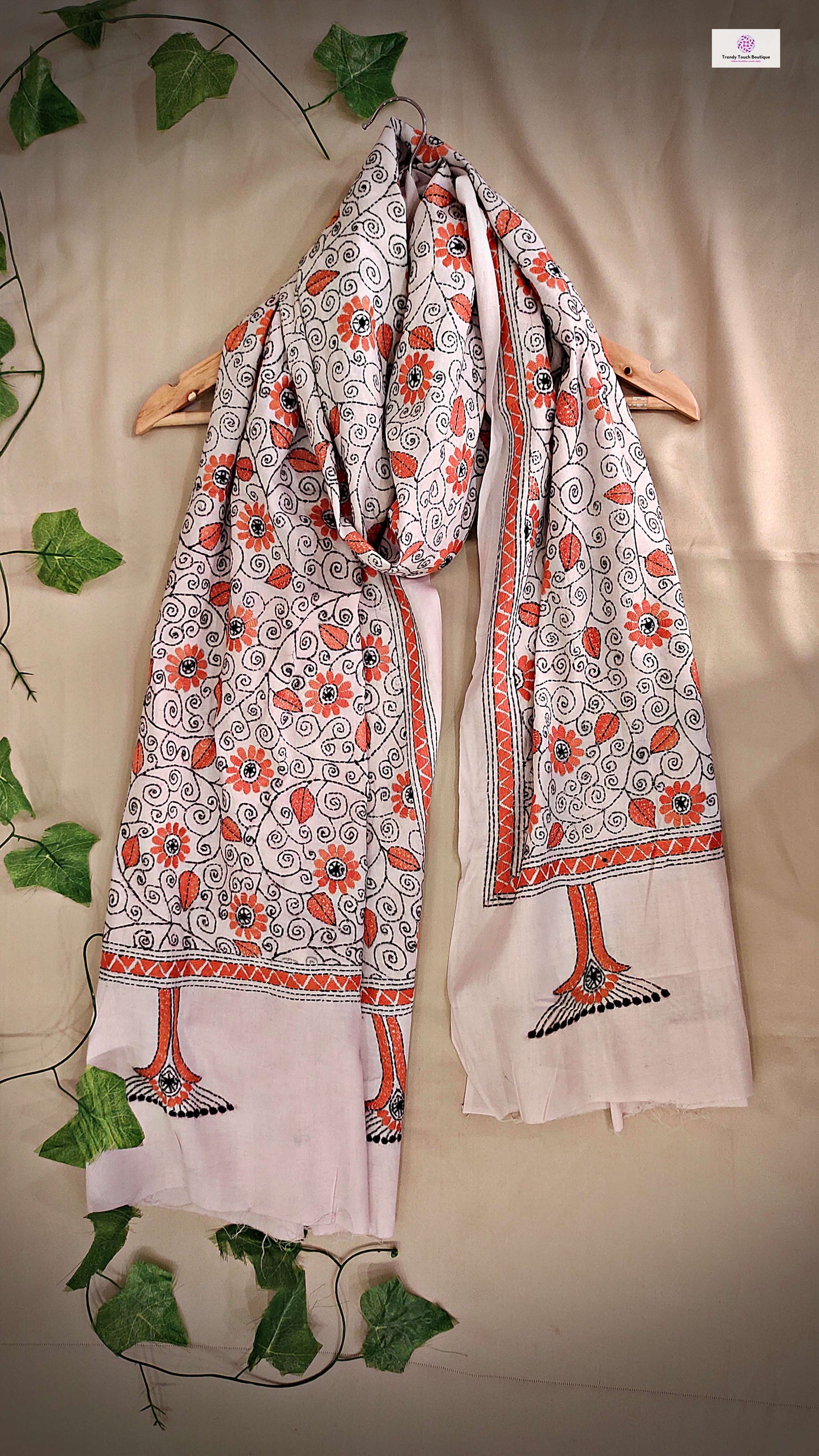 kantha handembroidered pure cotton designer statement dupatta for kurti styling in summer Holi sale best price white orange floral handcrafted