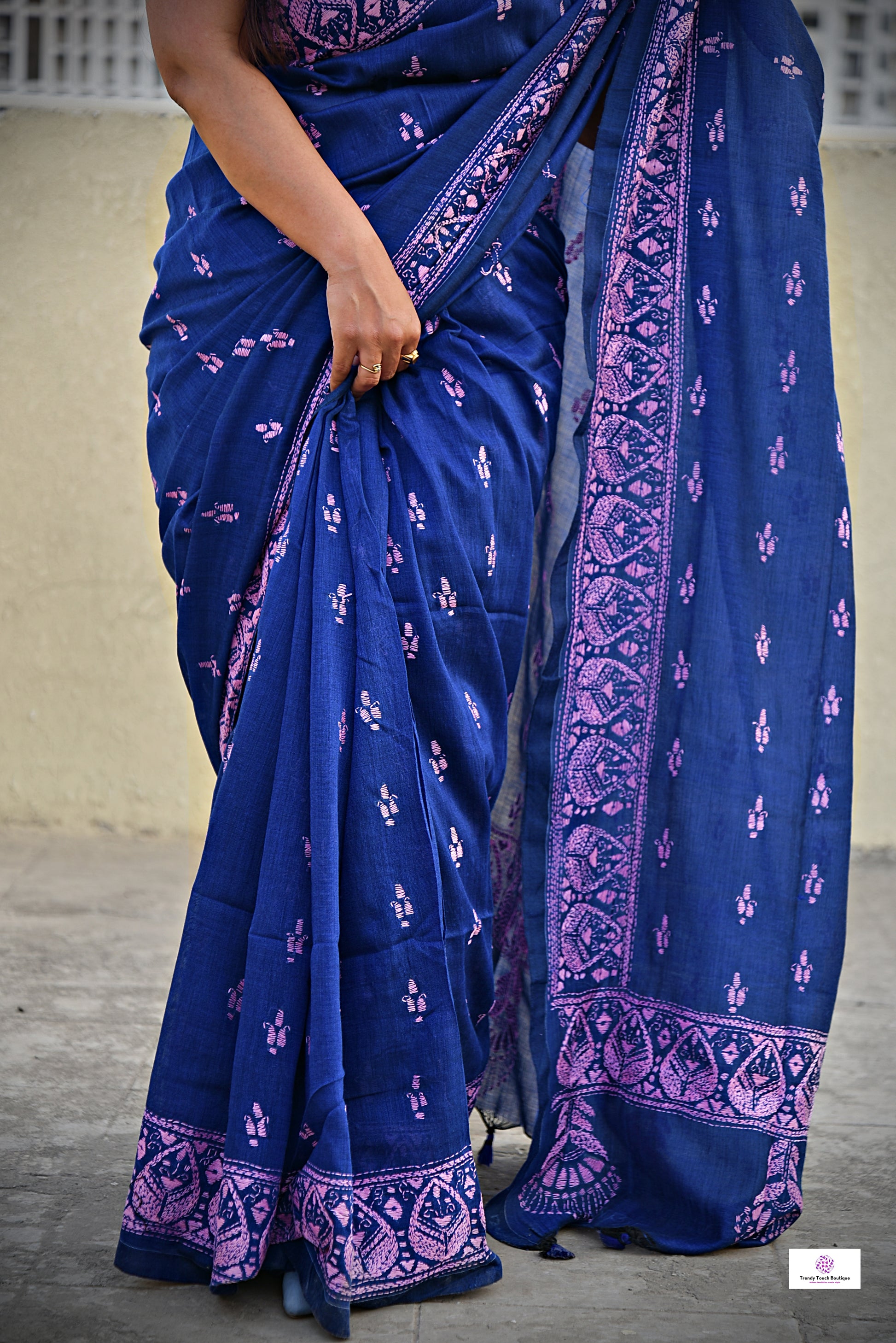 kantha handembroidered designer mulcotton saree blue pink office corporate events and family functions and ceremonies best summer fabric best price