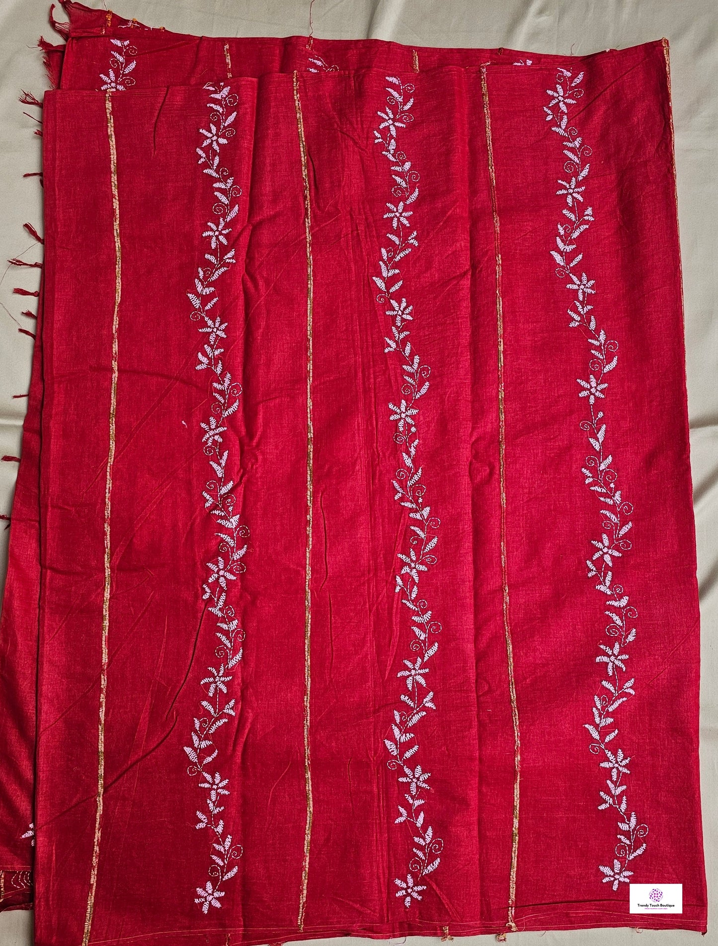 Kantha stitch handembroidered designer red khesh khadi cotton handloom with blouse piece best price