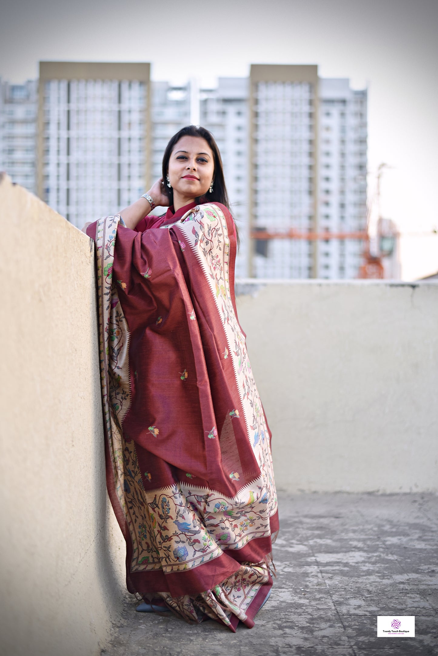 Maroon semi tussar silk aaree paithani pattern digital print for regular wear and casual function office for women with blouse piece and best price