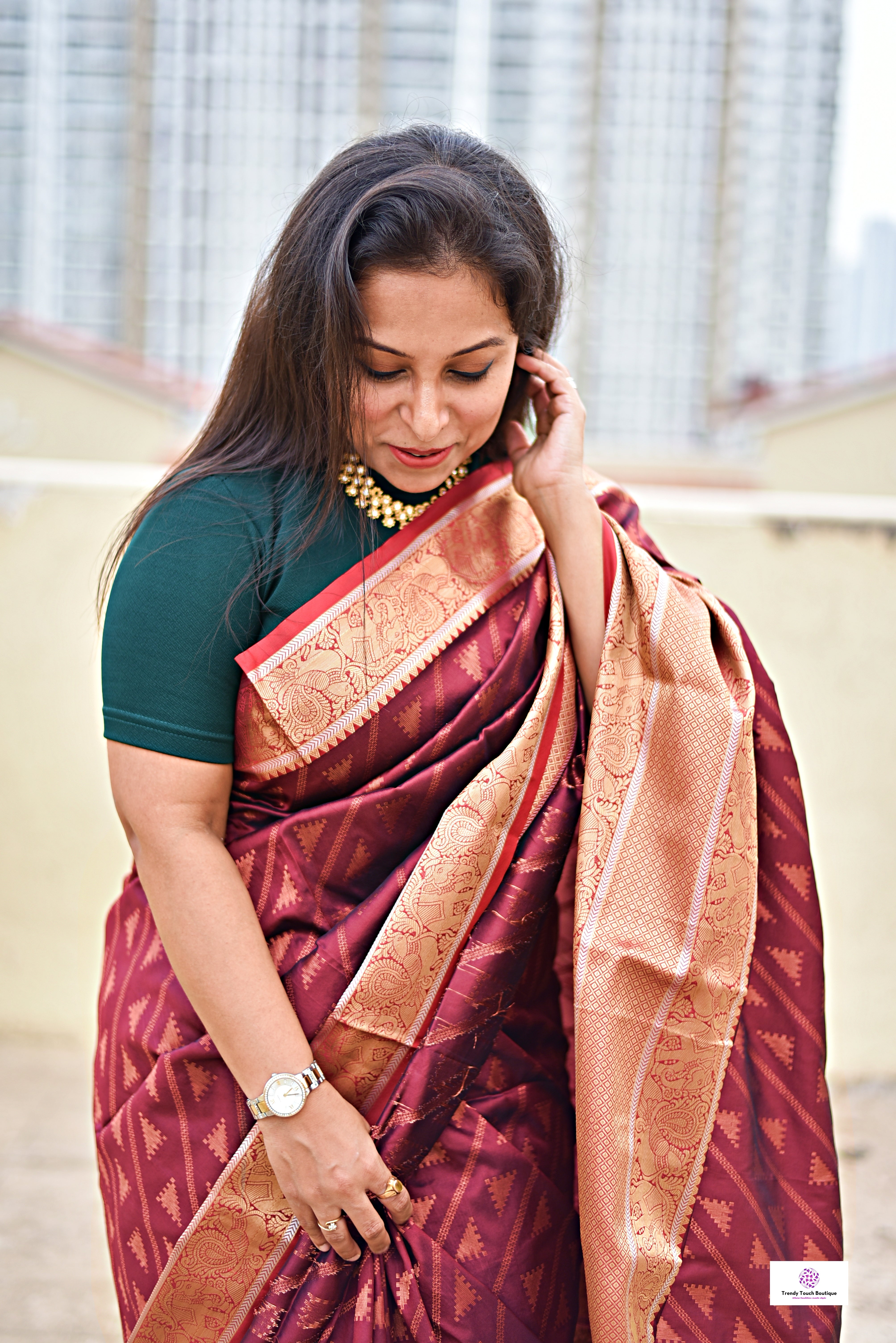 RANJHANA Kanjivaram Style Silk Saree Maroon Copper Zari Trendy Touch Boutique