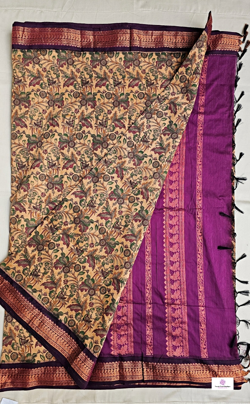 kalyani cotton gadwal kalamkari print peach magenta saree lightweight for office and special function with blouse piece best price