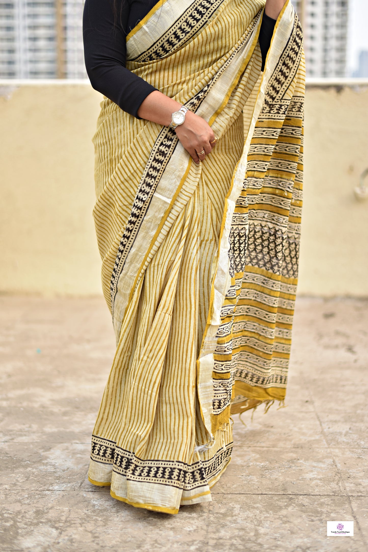 yellow black stripe handblockprint natural dye linen cotton saree best summer fabric best price with blouse piece