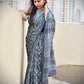 handblockprint mulcotton grey saree best summer fabric with blouse piece office and casual saree style best price