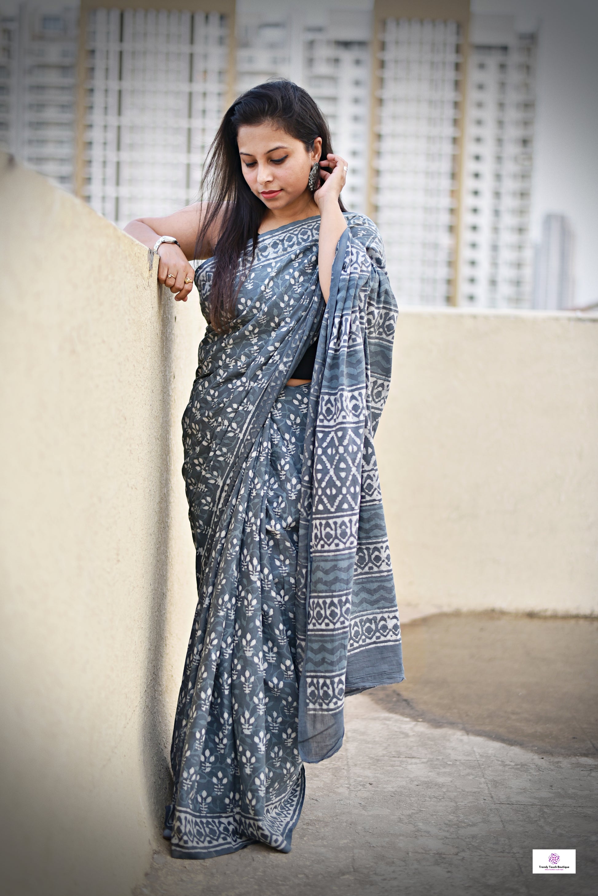 handblockprint mulcotton grey saree best summer fabric with blouse piece office and casual saree style best price