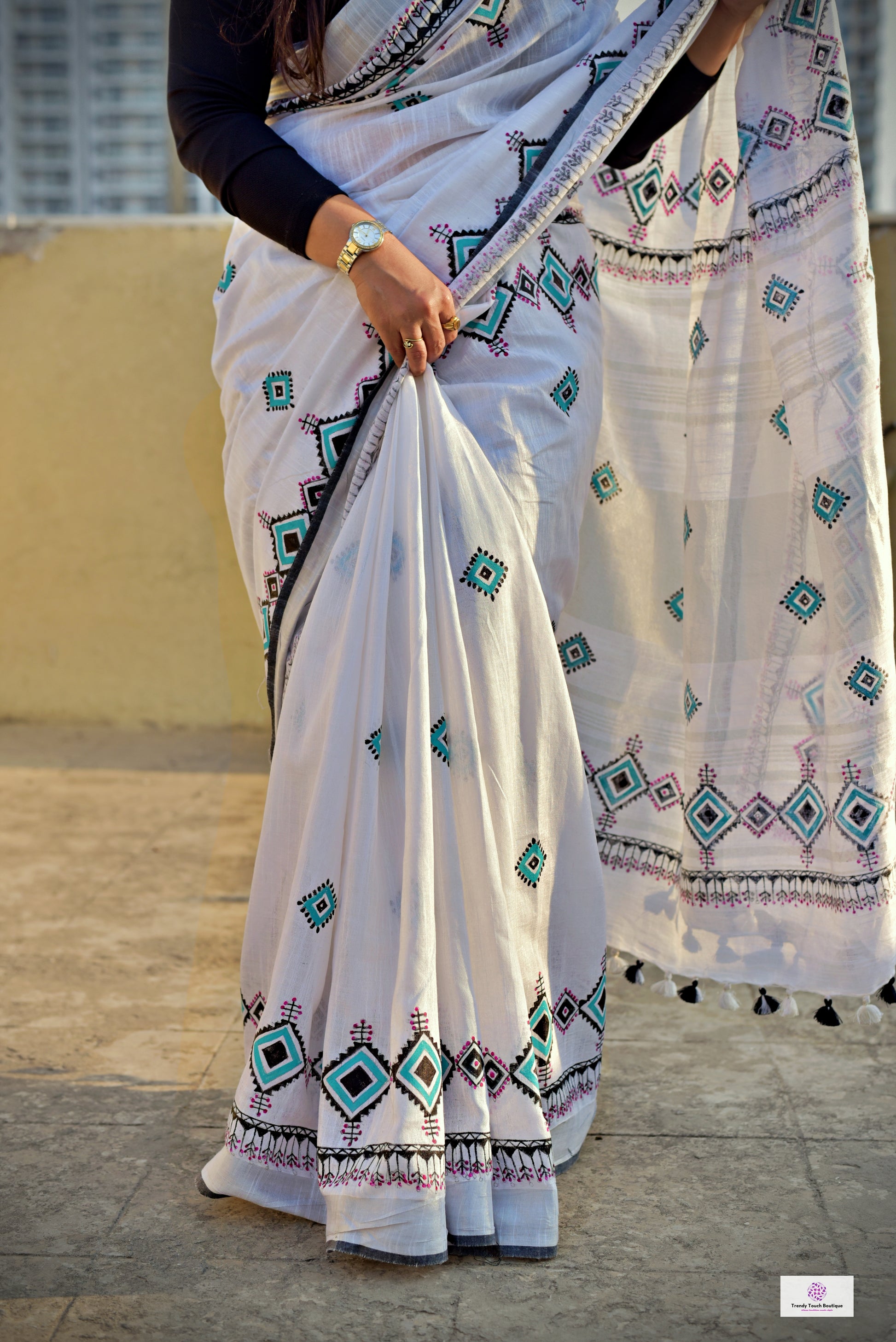 Handpainted designer soft linen saree in white black blue for special celebration and wedding parties in summer and all year round best price 