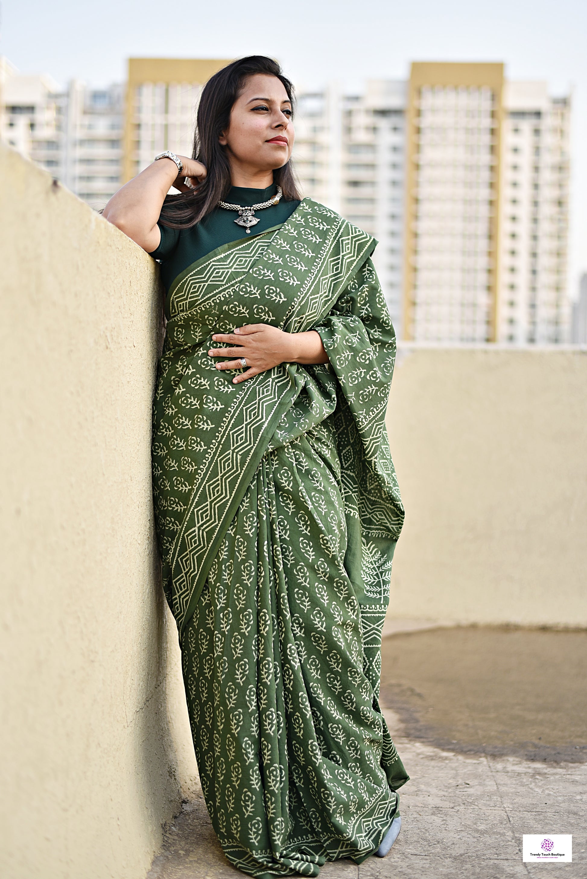 handblockprint green mulcotton saree best summer fabric office and casual saree styling best price with blouse piece